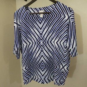 Chico's Top Blouse Plus Size 2 Blue White Stretch